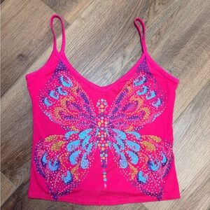Y2K PSSSY Les Possédés Paris Glitter Butterfly Tank Pink Clubwear Cami OS -2000s